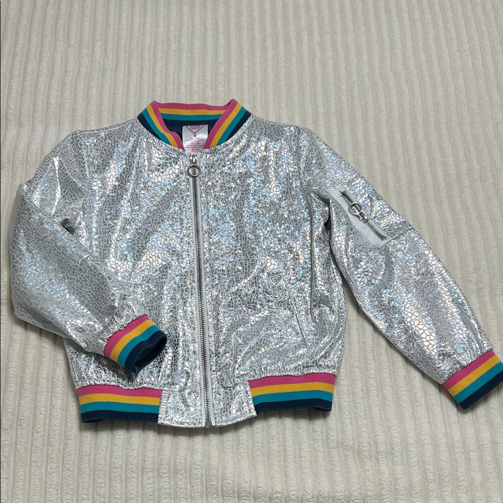 Silver Sequin Bomber Jacket with Rainbow Trim